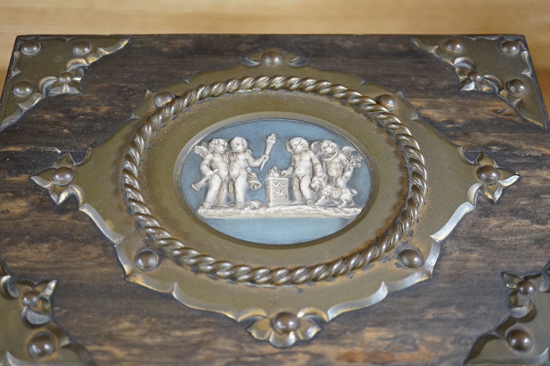 A Victorian brass mounted coromandel stationery box with inset jasper mount, silk lining, 24cm wide. Condition - fair/good